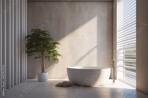 Relaxing Bathroom with Bathtub and Green Plant in the Corner  Generative AI