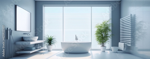 Spacious Bathroom with Large White Bathtub and Window, Generative AI