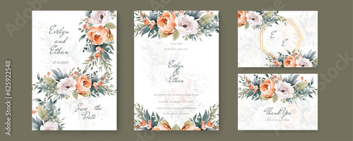 set of wedding invitation card template with rose flowers and leaves decoration