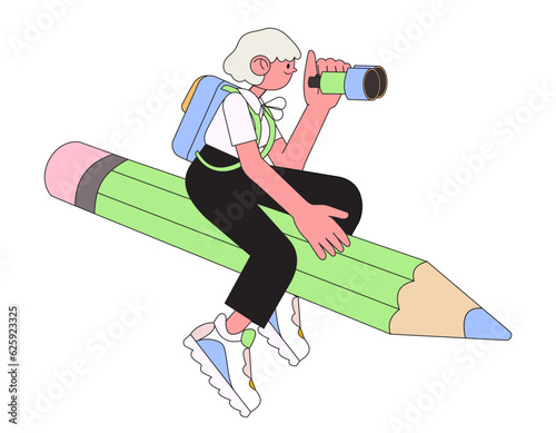 Student from elementary or middle school in search for knowledge. Cheerful pupil with binocular fly on pencil. Cartoon outline girl character. Back to school or educational process concept.