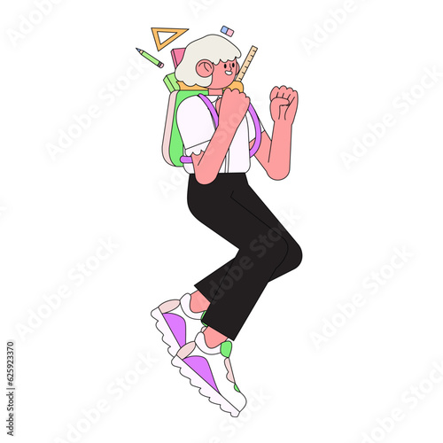Student kid ready to go to elementary or middle school. Cheerful pupil with backpack jump happily isolated on white. Creative cartoon girl character. Back to school or educational process concept.