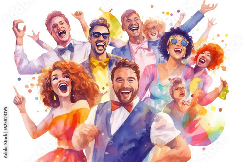 happy entertainment man and woman in watercolor art, labor day banner, copy space, isolated background