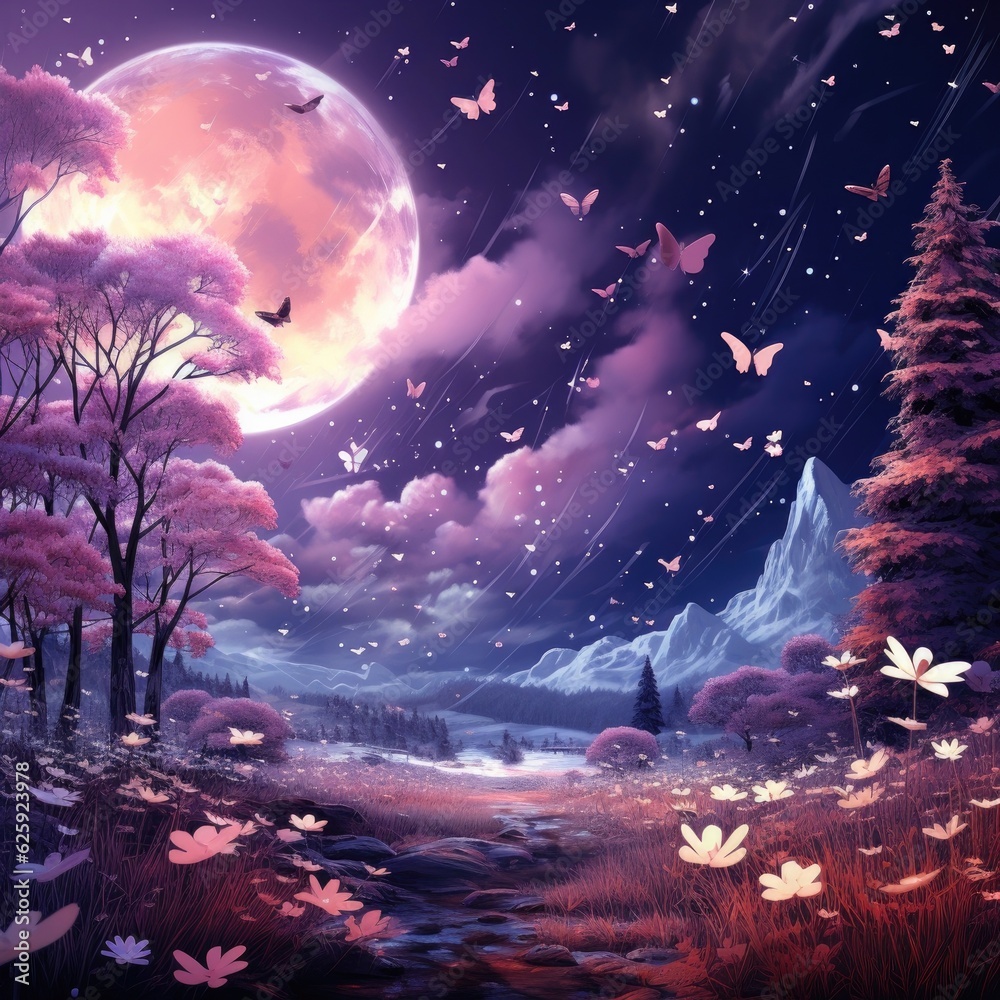 Stars twinkle above a snowy purple backdrop adorned with flowers and butterflies. (Generative AI) Stars twinkle above a snowy purple backdrop adorned with flowers and butterflies. (Generative AI)