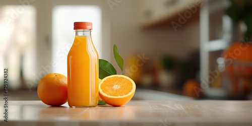 AI Generated. AI Generative. Orange juice nottle glass ware on kitchen bright day table mock up background. Healthy morning vitamin c. Graphic Art