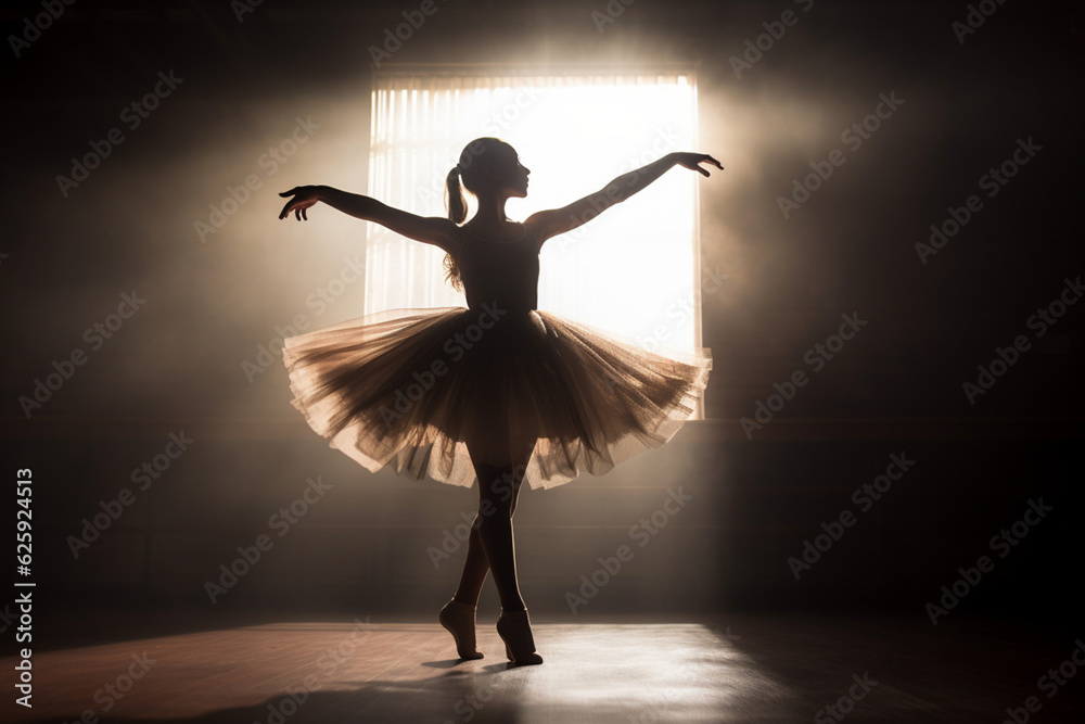Unrecognizable teen ballet dancer in tutu in dance studio counter light. AI generated