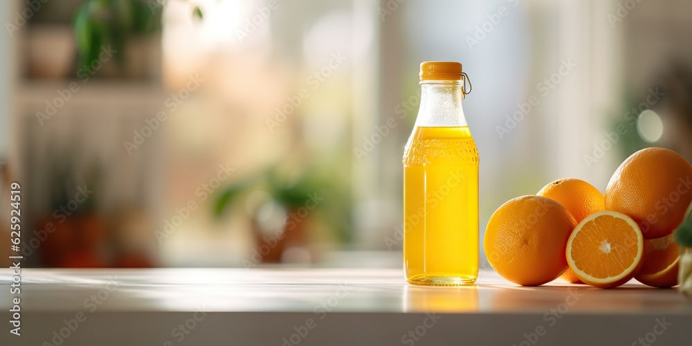 AI Generated. AI Generative. Orange juice nottle glass ware on kitchen bright day table mock up background. Healthy morning vitamin c graphic art