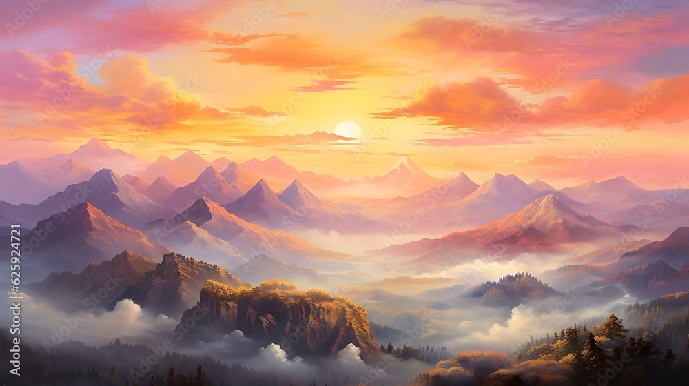 a sunset over a mountain range