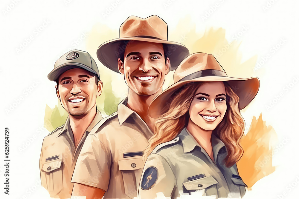 happy park ranger man and woman in watercolor art, labor day banner, copy space, isolated background