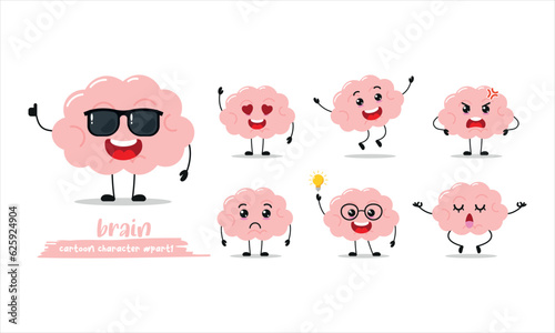 cute brain cartoon with many expressions. different activity pose vector illustration flat design set with sunglasses.
