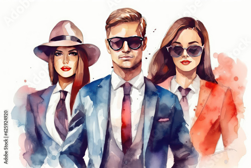 happy spy man and woman in watercolor art, labor day banner, copy space, isolated background