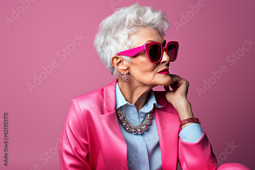 Modern senior woman wearing trendy clothes, apparel. Elegant lady of old age in fashion outfit, accessories, sunglasses. Elderly female. isolated on pink photo