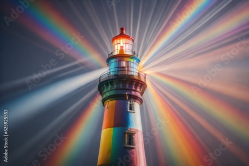 Photograph capturing a lighthouse emitting a range of colors, reflecting notions of optimism, joyfulness, and diversification.