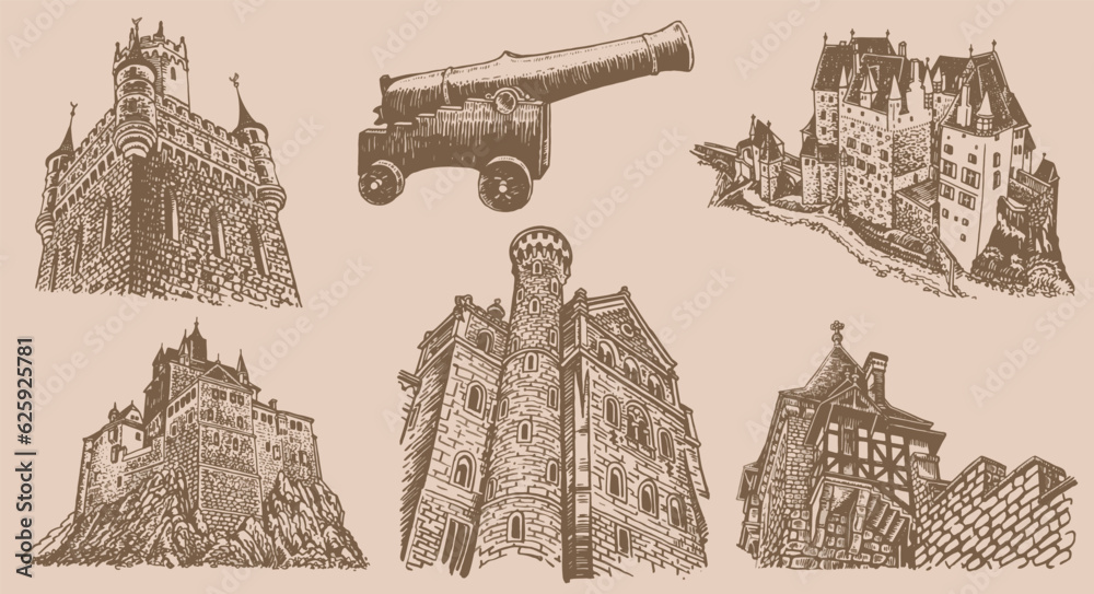 Graphical vintage set of  fortresses and medieval gun on sepia background. Vector illustration, architecture - obrazy, fototapety, plakaty 