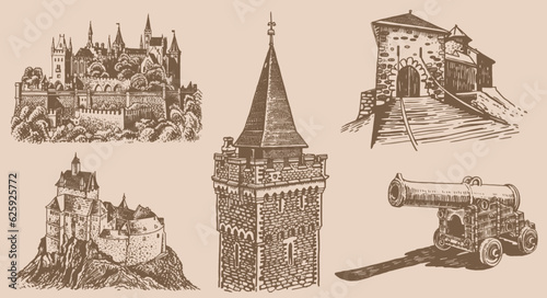 Graphical vintage set of  fortresses and medieval gun on sepia background. Vector illustration, architecture