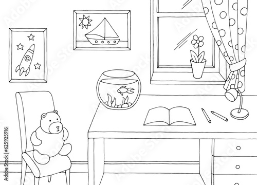 Table in children room graphic black white home interior sketch illustration vector