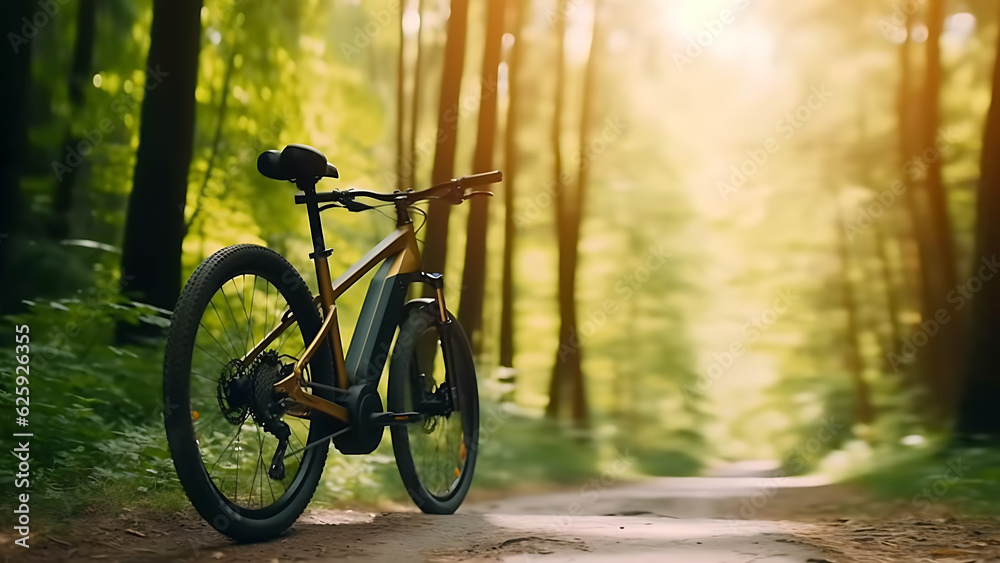 Electric Mountain Bike out in the Woods, Digital Render Electric Mountain Bike out in the Woods, Digital Render