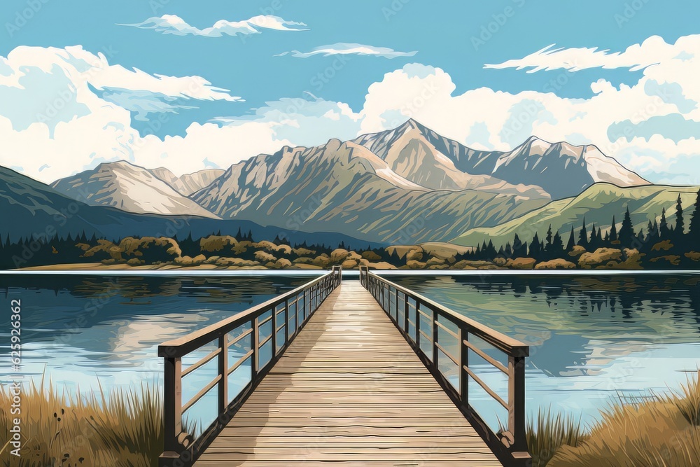 A lakeside walkway with beautiful mountains