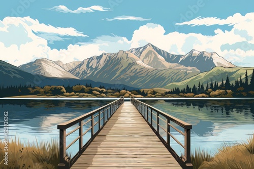 A lakeside walkway with beautiful mountains