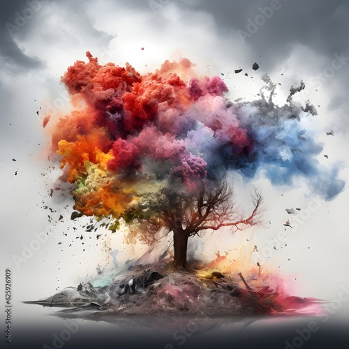 Resilient Radiance  The Abstract Colorful Tree s Triumph Over Pollution. Generated AI