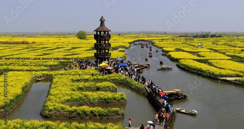 Xinghua City, Jiangsu Province, is rich in water resources, rivers and ports, winding rivers stretch in the vast fields, forming many small islands in the lake. People plant rapeseed flowers on island photo