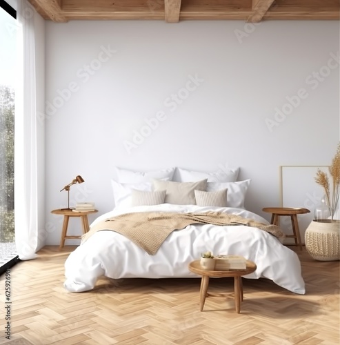 Mockup of Coastal-Style Bedroom with Rattan Furniture, Blank Wall in Home Interior - 3D Render. Made with Generative AI technology