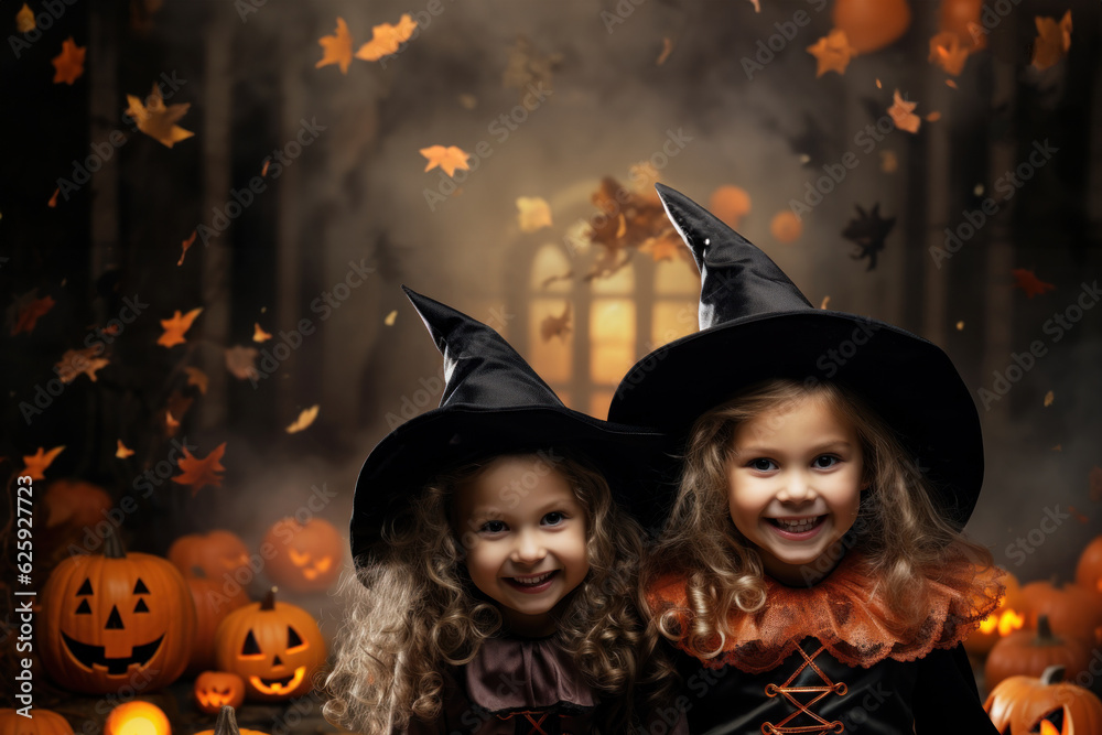 Happy cute kids with halloween theme festival feel fun at night party Happy cute kids with halloween theme festival feel fun at night party