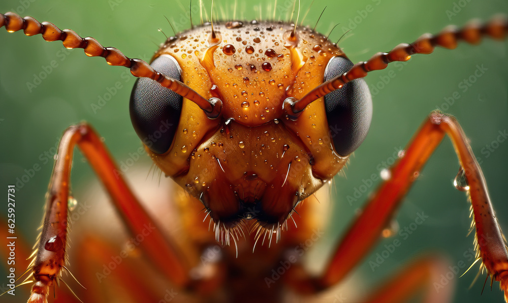 Fototapeta premium Macro red ant portrait - close-up view. Created using generative AI tools