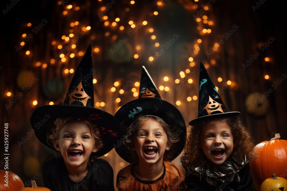 Happy cute kids with halloween theme festival feel fun at night party Happy cute kids with halloween theme festival feel fun at night party