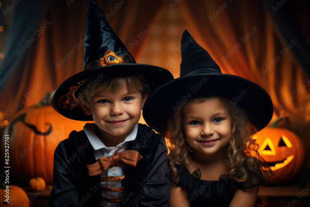 Happy cute kids with halloween theme festival feel fun at night party Happy cute kids with halloween theme festival feel fun at night party