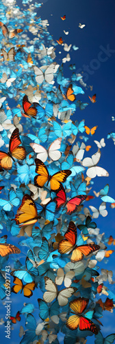 Colorful butterflies in the sky - vertical view. Created using generative AI tools