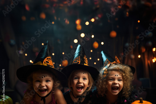 Happy cute kids with halloween theme festival feel fun at night party