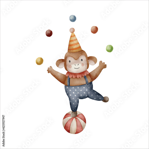 cute monkey circus animal watercolor clipart