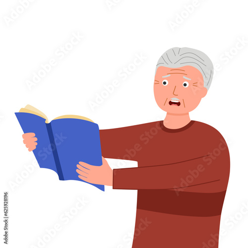 Senior man with poor eyesight try reading book. Elderly eye problem.