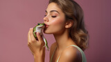 Studio portrait of beautiful young woman kissing a frog, fairy tale, frog becomes prince. Generative AI.