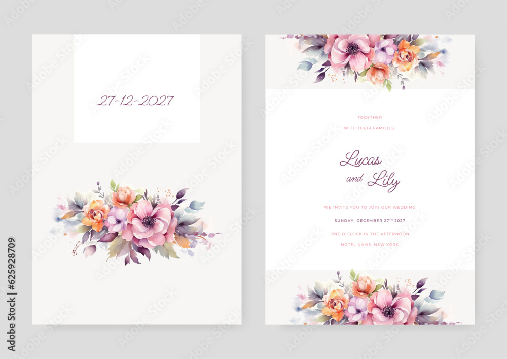 Floral wedding invitation template with flowers and leaves decoration. Botanic card design concept