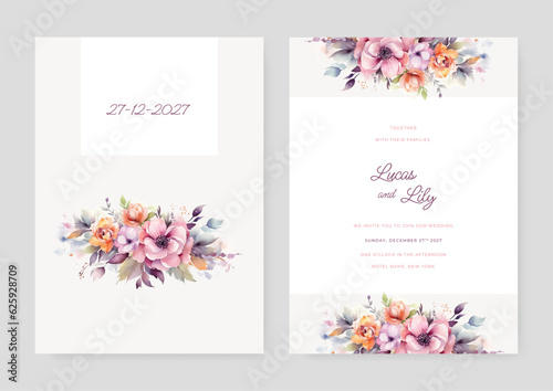 Floral wedding invitation template with flowers and leaves decoration. Botanic card design concept © SyahCreation