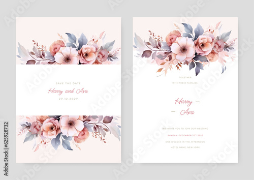 Flower watercolor wedding invitation template. Beautiful leave and flower background with gold. Greeting card.