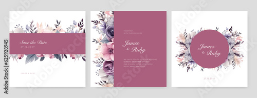 Watercolor wedding invitation template set with romantic floral and leaves decoration