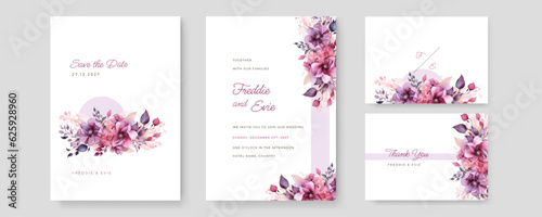 wedding invitation card template with rose bouquet watercolor painting