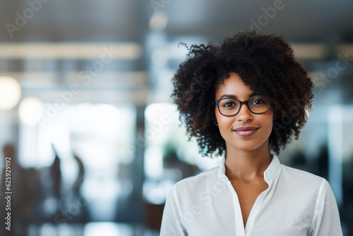 Young professional business woman standing and smile in blur office background.