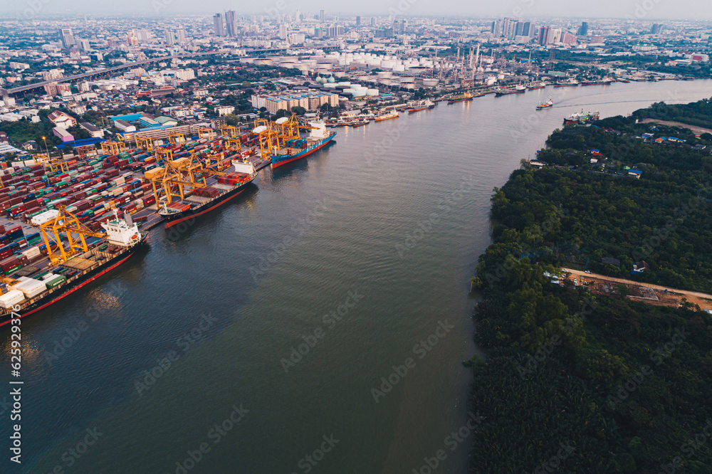 Fototapeta premium Container ship in import export city logistics and transportation of container cargo ship