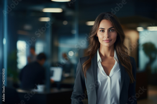 Young professional business woman standing and smile in blur office background.