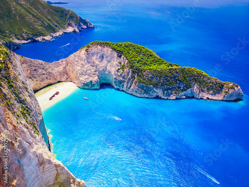 Zakynthos, Greece. Aerial view famous Navagio Beach, Greek Islands.