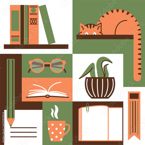 The red cat sits with its tail hanging down. Open diary for entries. Houseplant in a striped pot. A stack of books on a shelf. Modular set of images in flat style. Stationery. Cup with hot tea.