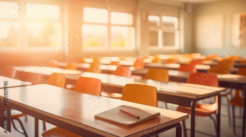 School classroom in blur background without young student. Blurry view of elementary class room no kid or teacher with chairs and tables in campus. Back to school concept