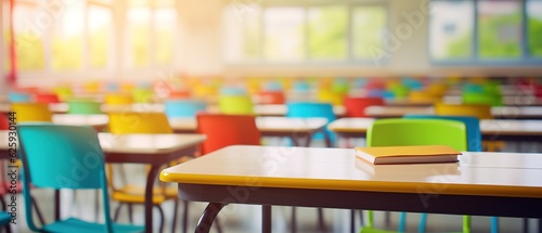 School classroom in blur background without young student. Blurry view of elementary class room no kid or teacher with chairs and tables in campus. Back to school concept