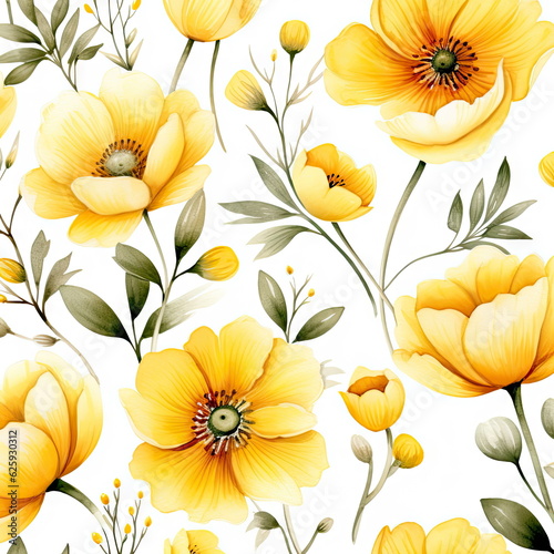 yellow flowers seamless patterns, watercolor picture of flowers, floral © waranyu
