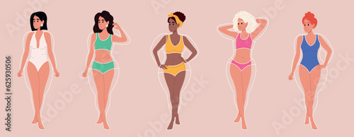 Set of young beautiful women with perfect body shape in underwear. Lines of excess weight around the body. Healthy food, diet, weight.