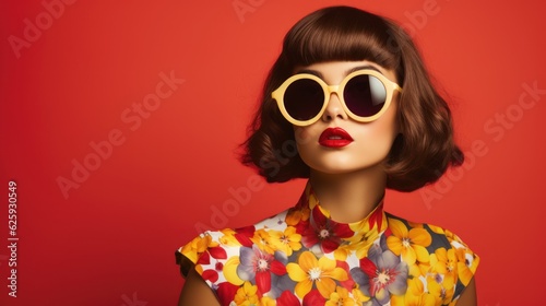 Woman wearing big sunglasses. Creative 60s retro summer background.
