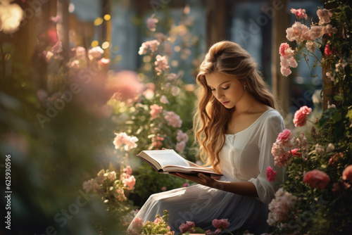 Beautiful woman reading book at flower garden. © ant